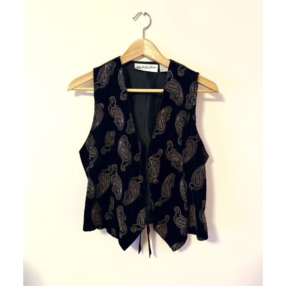 Vintage Yves St. Clair Black Women’s Velvet Button Front Vest Paisley Shiny 90s